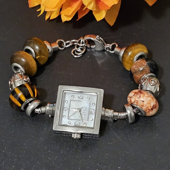 Mon Amie 21519 Mother of Pearl Crystal Dial Brown Bead Charm Watch - Picture 1 of 6